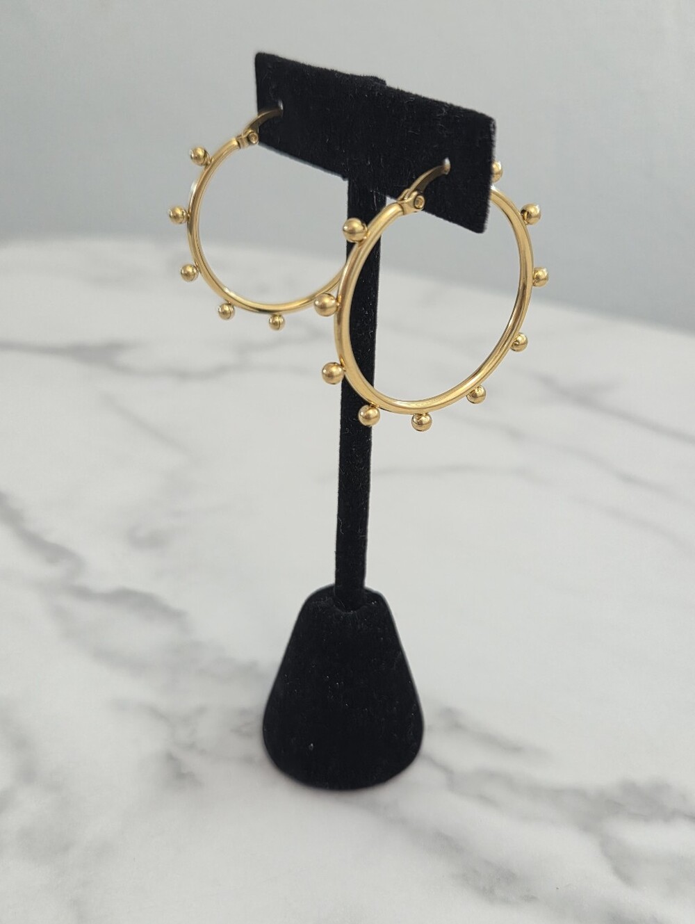 Gold Beaded Hoop Earrings Stainless Steel Studded Ball Hoops Womens Jewelry - Picture 5 of 9